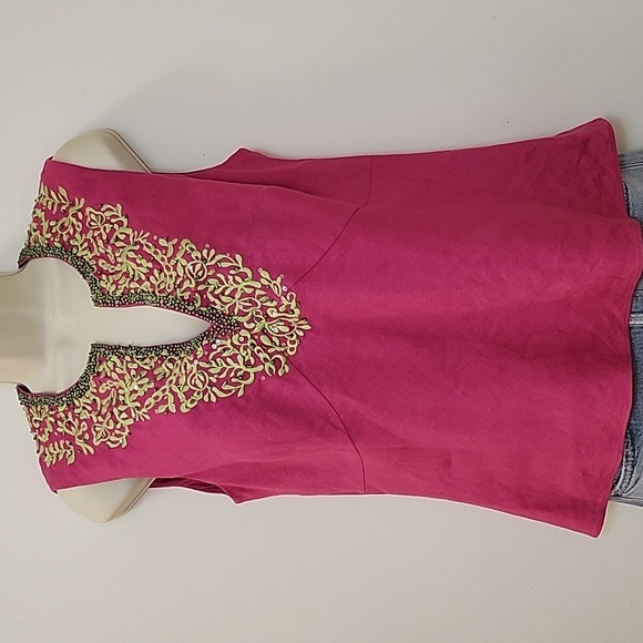 Lafayette148 Pink 100% Linen Beaded Embroidered Tailored Sleeveless Blouse  SZ 8 - Picture 4 of 12